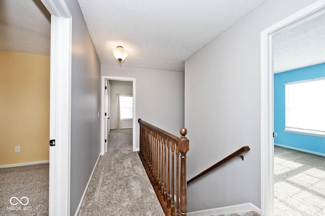 hall with light carpet and a textured ceiling