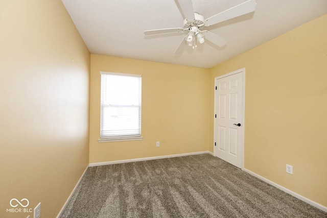 empty room featuring ceiling fan and carpet