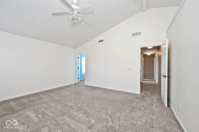 spare room featuring ceiling fan, light colored carpet, high vaulted ceiling, and beamed ceiling