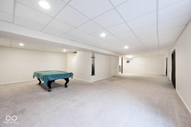 playroom with light carpet and billiards