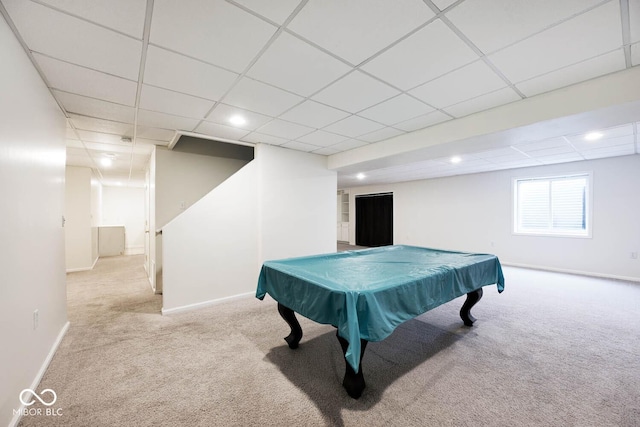 playroom featuring a paneled ceiling, light colored carpet, and pool table