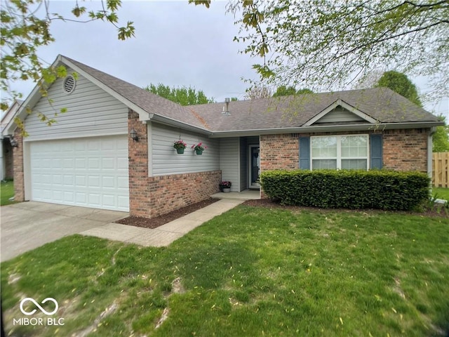 single story home with a garage and a front lawn