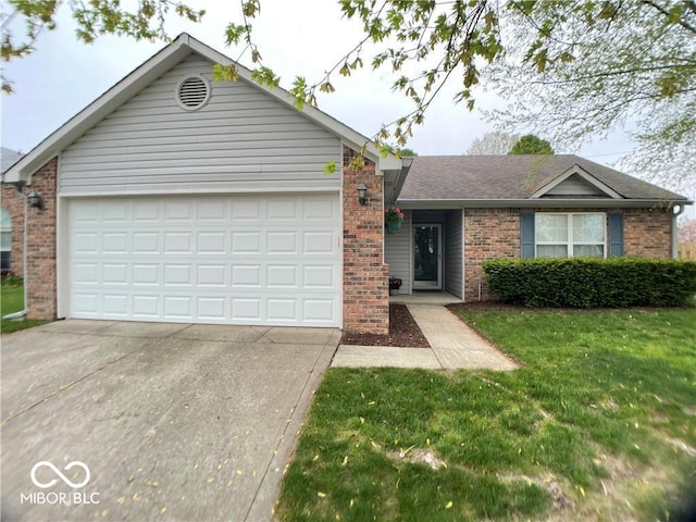 ranch-style house featuring a garage and a front lawn