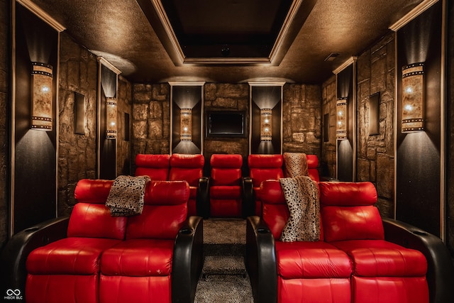 home theater featuring carpet and a tray ceiling