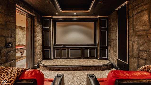 carpeted home theater room with a raised ceiling