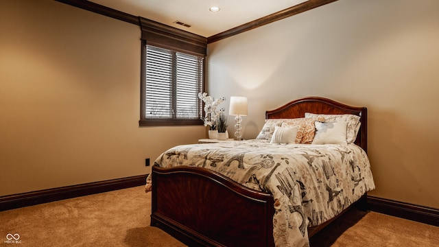 carpeted bedroom featuring ornamental molding