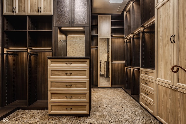 walk in closet featuring dark colored carpet