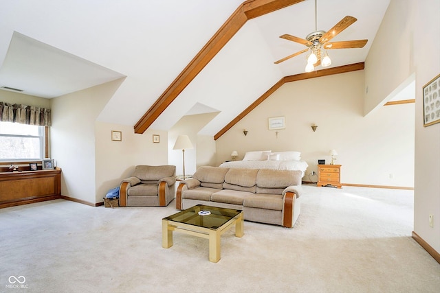 living room featuring vaulted ceiling, light colored carpet, and ceiling fan