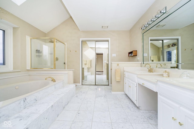 bathroom with vanity, plus walk in shower, and vaulted ceiling