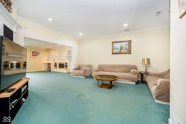 carpeted living room featuring crown molding and a fireplace