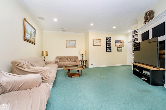 carpeted living room with crown molding