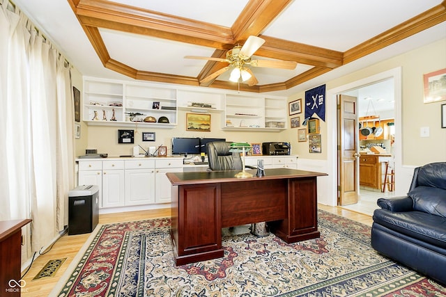 home office featuring coffered ceiling, ceiling fan, light hardwood / wood-style flooring, and beamed ceiling