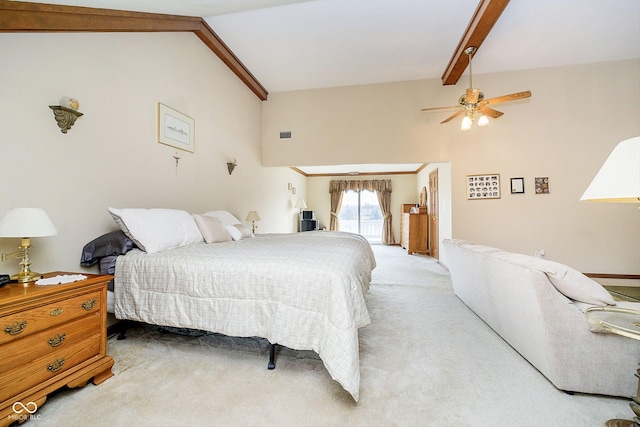 bedroom with vaulted ceiling with beams, light carpet, access to exterior, and ceiling fan