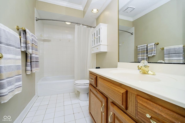 full bathroom with ornamental molding, vanity, toilet, shower / bath combo, and tile patterned floors