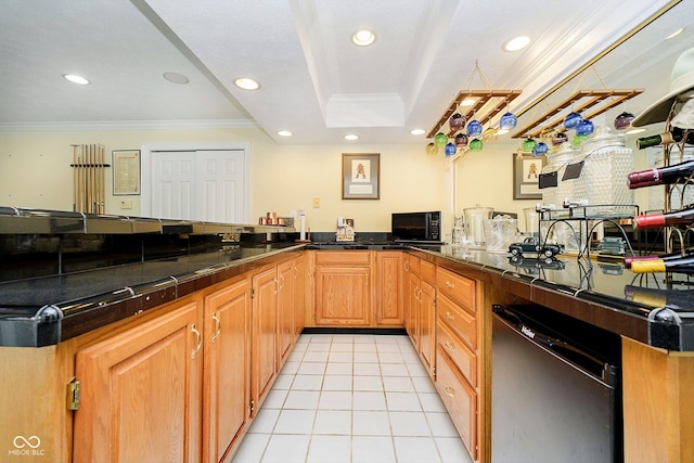 kitchen featuring dishwasher, ornamental molding, kitchen peninsula, light tile patterned flooring, and a raised ceiling