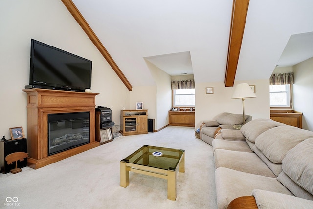 living room featuring light colored carpet and vaulted ceiling with beams