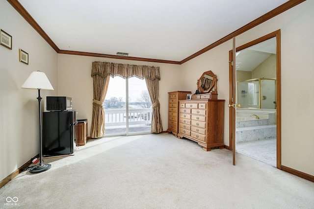 carpeted living room with ornamental molding