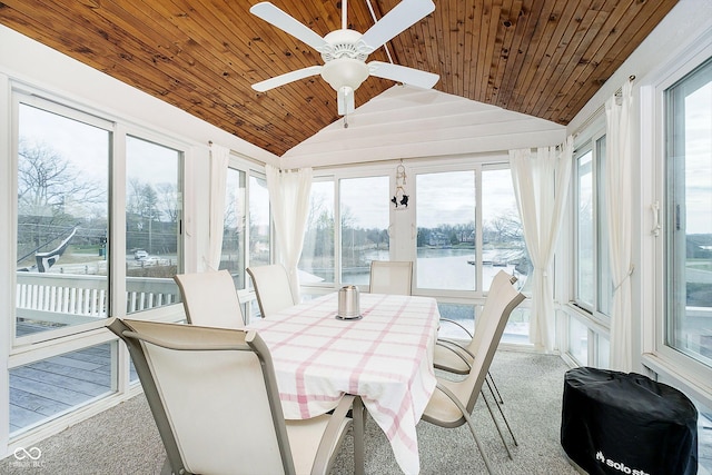 sunroom / solarium with lofted ceiling, wood ceiling, ceiling fan, and a water view