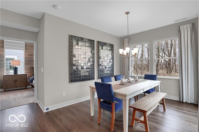 dining space featuring dark wood-style floors, baseboards, and visible vents