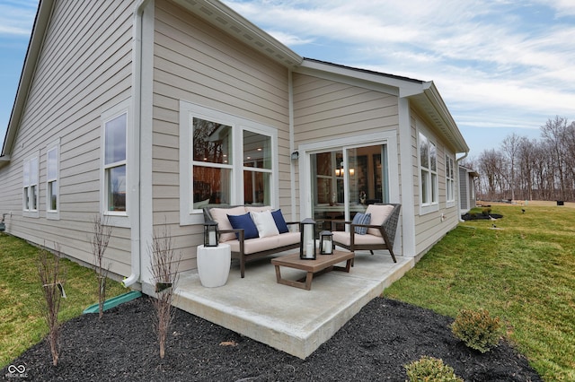 rear view of property featuring a patio, a lawn, and an outdoor living space