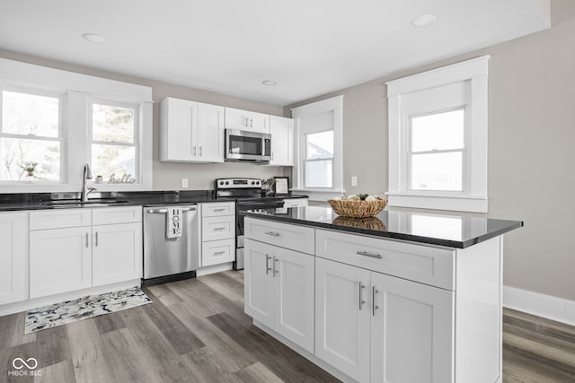 kitchen with plenty of natural light, stainless steel appliances, sink, and white cabinets