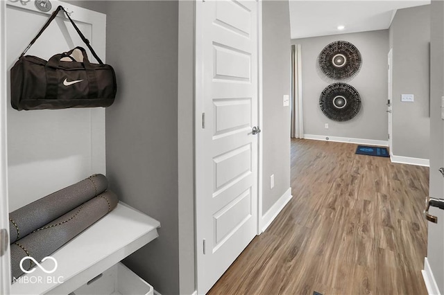 mudroom with baseboards and wood finished floors