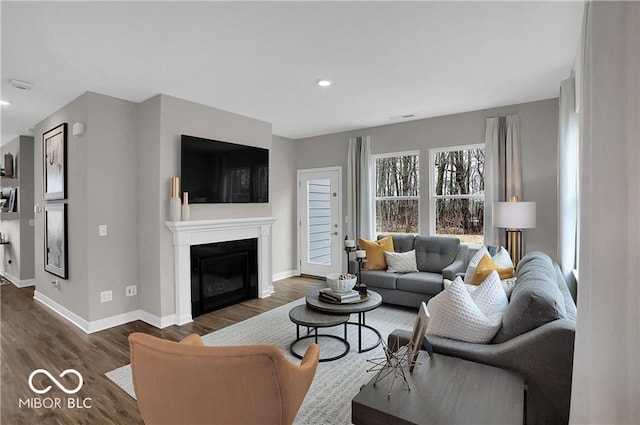 living room featuring wood finished floors, recessed lighting, a glass covered fireplace, and baseboards