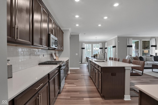 kitchen featuring dark brown cabinetry, appliances with stainless steel finishes, open floor plan, light countertops, and a sink