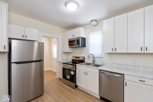 kitchen with white cabinetry, sink, light wood-type flooring, and appliances with stainless steel finishes