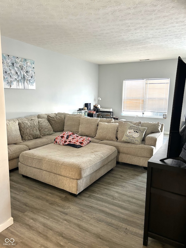 living room featuring a textured ceiling and dark hardwood / wood-style floors