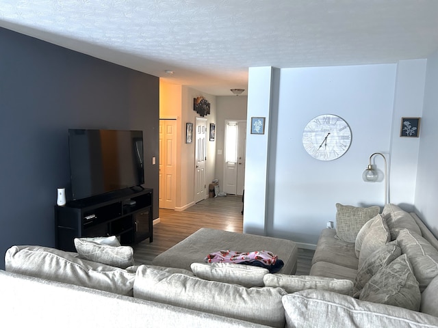 living room with a textured ceiling and dark hardwood / wood-style flooring