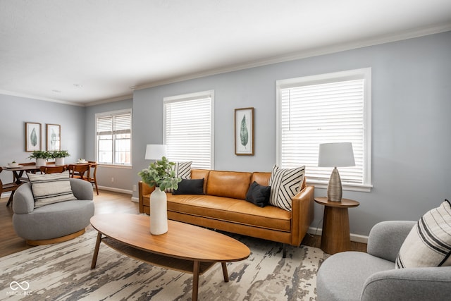 living room with light hardwood / wood-style floors and ornamental molding