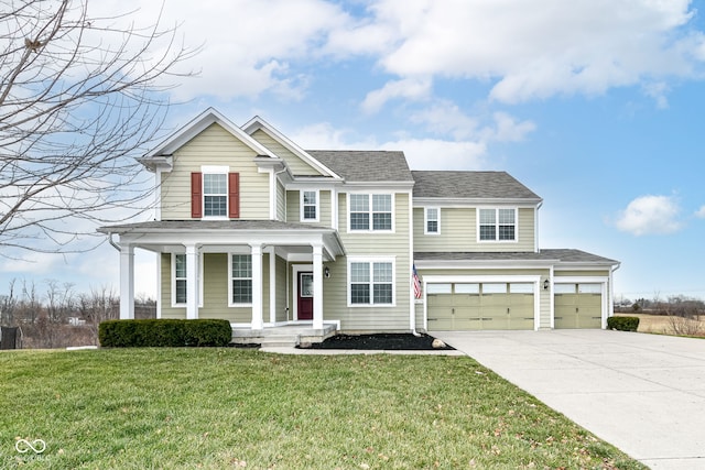 view of front of house featuring a porch, a front yard, and a garage