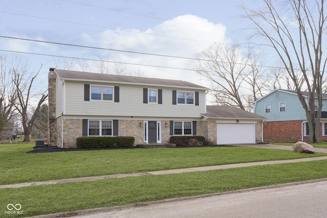 view of front of property with a garage, a front yard, and central air condition unit