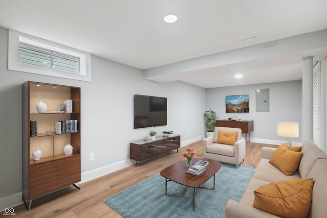 living room with light hardwood / wood-style flooring and electric panel