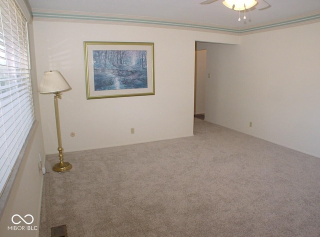 spare room featuring carpet, ceiling fan, and ornamental molding