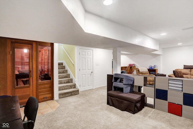 interior space featuring light colored carpet