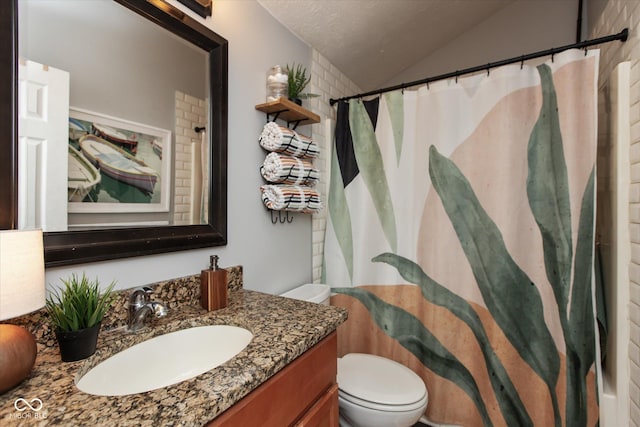 bathroom featuring a textured ceiling, lofted ceiling, vanity, and toilet