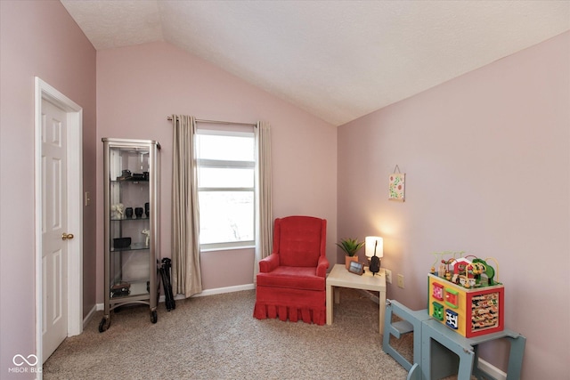 living area featuring a textured ceiling, carpet floors, and vaulted ceiling