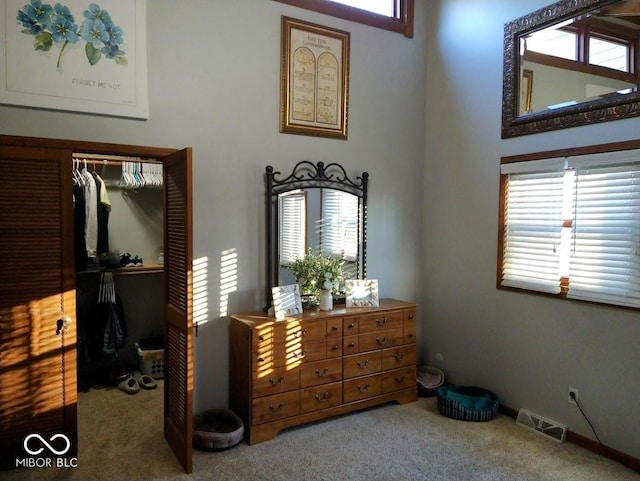 bedroom featuring carpet, multiple windows, and a closet