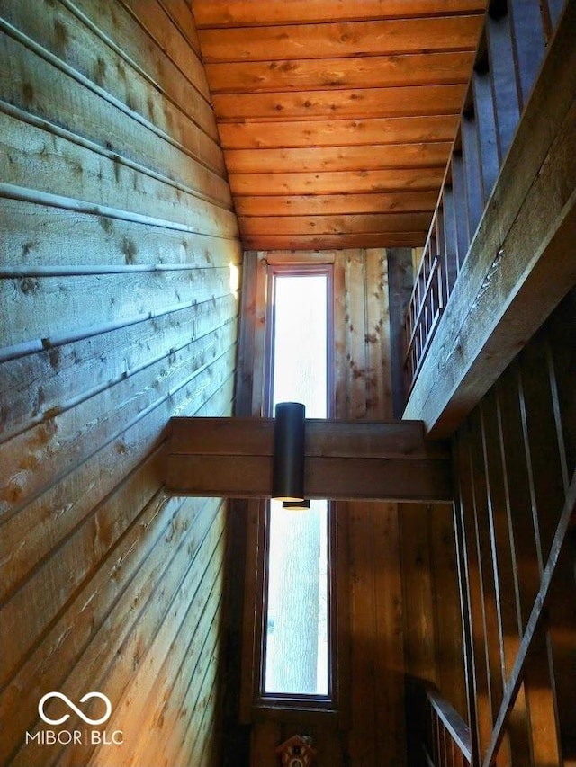 room details with wooden walls and wood ceiling