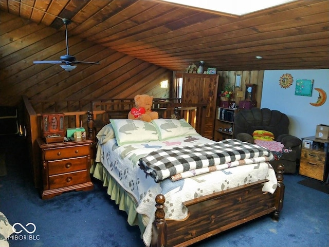 carpeted bedroom with ceiling fan, wood ceiling, and lofted ceiling