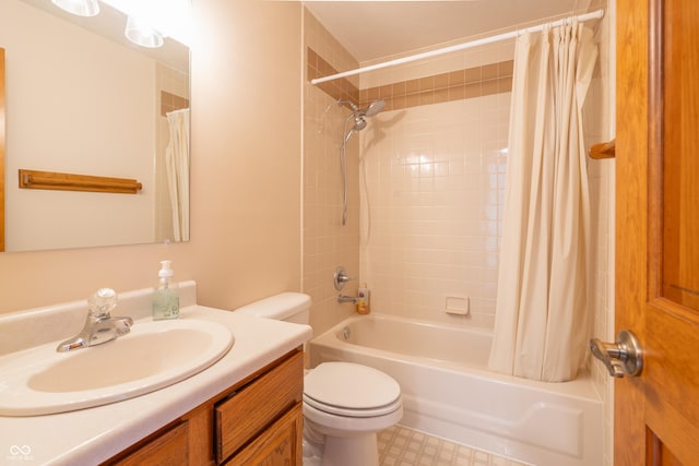 full bathroom featuring toilet, shower / bath combination with curtain, and vanity