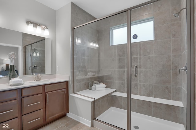 full bath featuring tile patterned flooring, a shower stall, and vanity