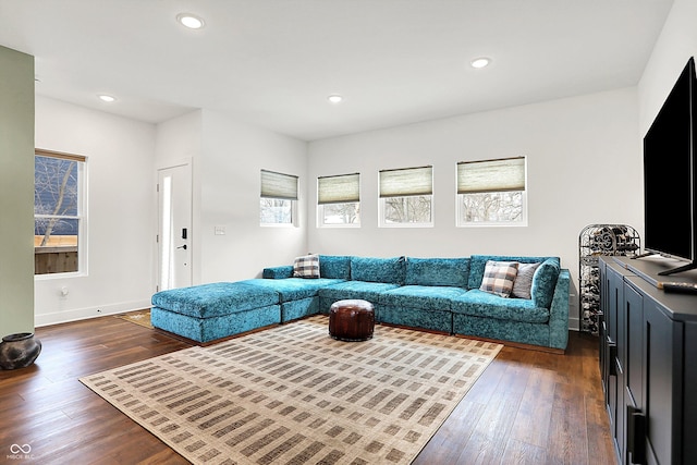 living room with dark wood-type flooring