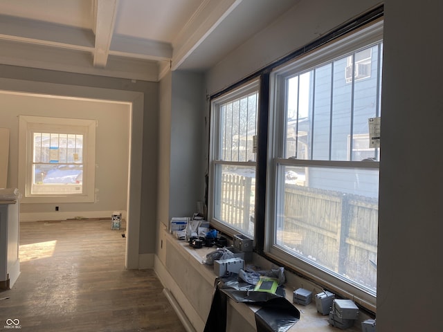 hall with coffered ceiling, hardwood / wood-style floors, and beamed ceiling