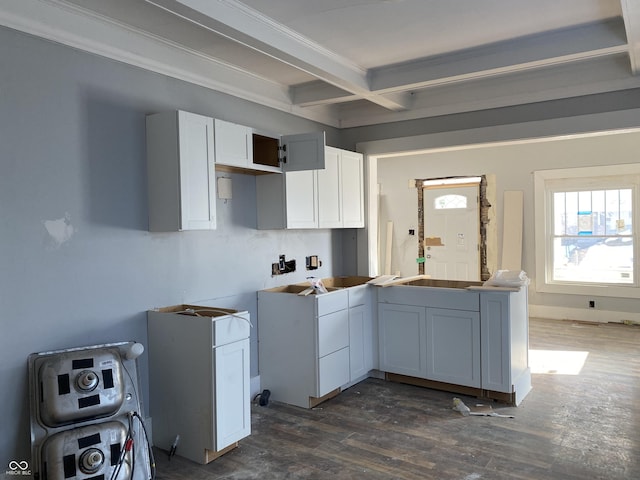 kitchen with coffered ceiling, dark hardwood / wood-style floors, white cabinets, ornamental molding, and beamed ceiling