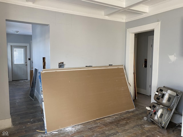 interior space featuring beamed ceiling, coffered ceiling, crown molding, and dark hardwood / wood-style floors