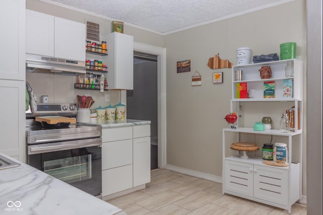 kitchen featuring stainless steel range with electric stovetop, white cabinetry, a textured ceiling, and light stone countertops