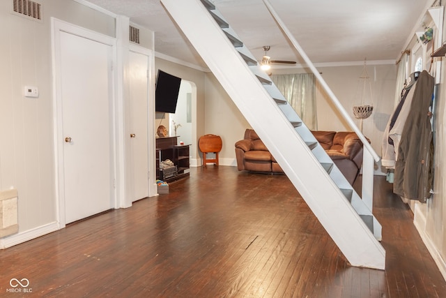 interior space with ceiling fan, dark hardwood / wood-style flooring, and crown molding